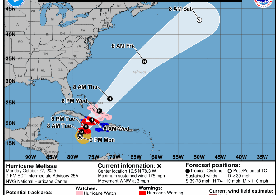 Melissa Cone NHC National Hurricane Center Experimental Tropical Cyclone Forecast Cone Graphic 10/27/25 1:55pm